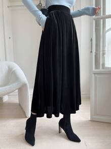 DAZY High Waist Slant Pocket Velvet Skirt Thermal Lined Fall,Winter - Black - View 3