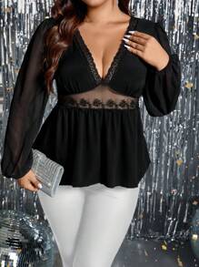SHEIN Clasi 大碼蕾絲拼接燈籠袖荷葉邊下擺襯衫 - 黑色 - 查看 6