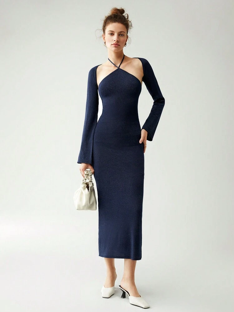 Solid Halter Neck Sweater Dress & Bolero