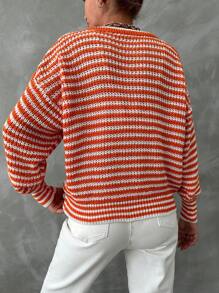 EURMUSE Striped Pattern Drop Shoulder Sweater - Orange - View 2