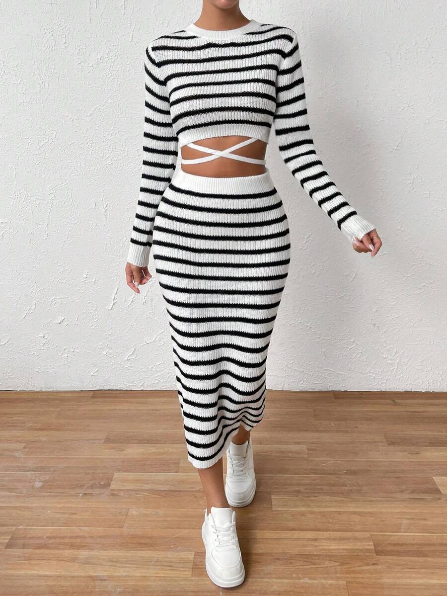 Chiquease 條紋圖案十字交叉後綁帶毛衣和針織裙 - 彩色 - 查看 1