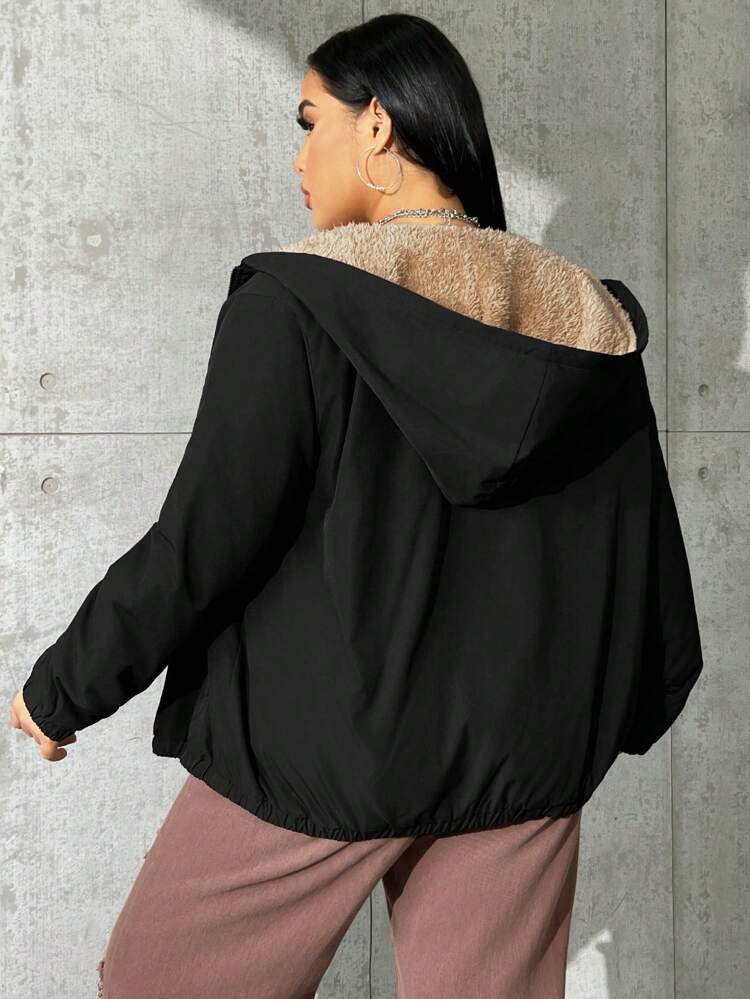 Plus Letter Graphic Zip Up Hooded Jacket Winter Fall Autumn