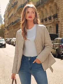 SHEIN Frenchy Solid Button Front Belted Quilted Coat - Apricot - View 1