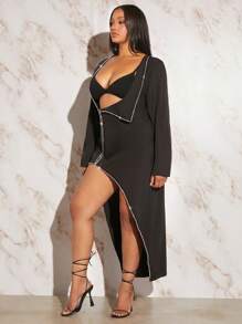 SHEIN SXY Talla grande Abrigo en contraste con diamante de imitación con parte delantera abierta - Negro - Ver 4