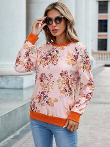 SHEIN LUNE Floral Print Contrast Trim Sweatshirt - Pink - View 1
