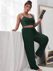 Conjunto de pijama con nudo delantero de punto acanalado talla grande - Verde Oscuro - Ver 3