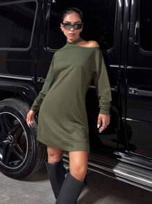 SHEIN Cottnline Solid Asymmetrical Neck Drop Shoulder Dress - Khaki - View 5