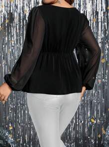 SHEIN Clasi 大碼蕾絲拼接燈籠袖荷葉邊下擺襯衫 - 黑色 - 查看 2