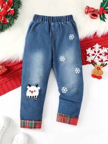Young Boy Cartoon & Snowflake Print Jeans - Dark Wash - View 1