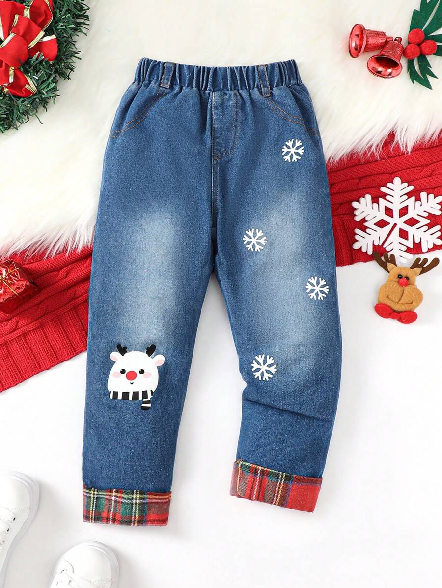 Young Boy Cartoon & Snowflake Print Jeans - Dark Wash - View 1