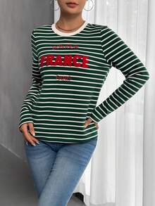 SHEIN Frenchy 條紋和字母圖案T恤 - 綠色 - 查看 5