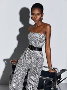 Maija 滿版印花抹胸連體褲不附腰帶 - 黑與白 - 查看 1