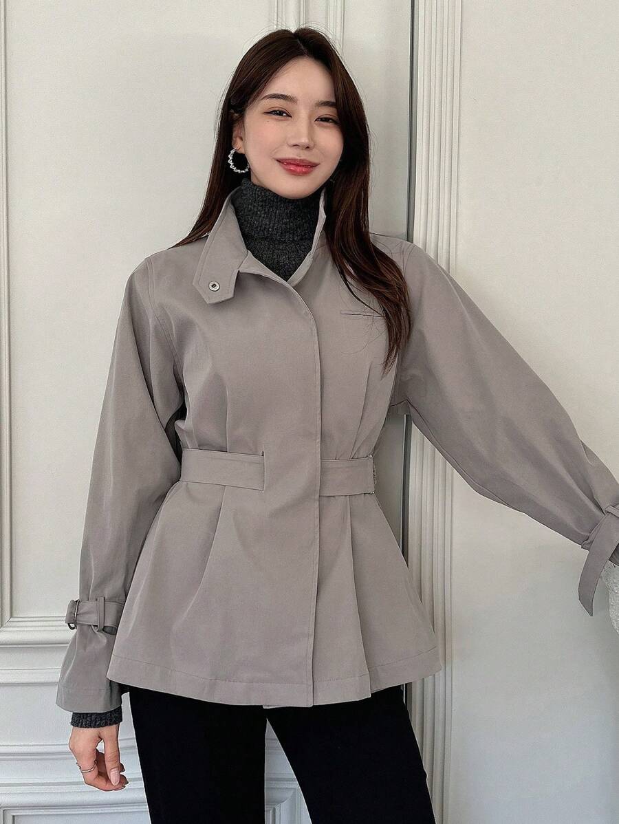 DAZY Chất rắn Thả vai Thắt lưng Áo khoác Trench - xanh quân đội - Xem 1