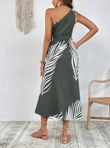 SHEIN VCAY Tropical Print One Shoulder Knot Side Wrap Hem Dress - Multicolor - View 2