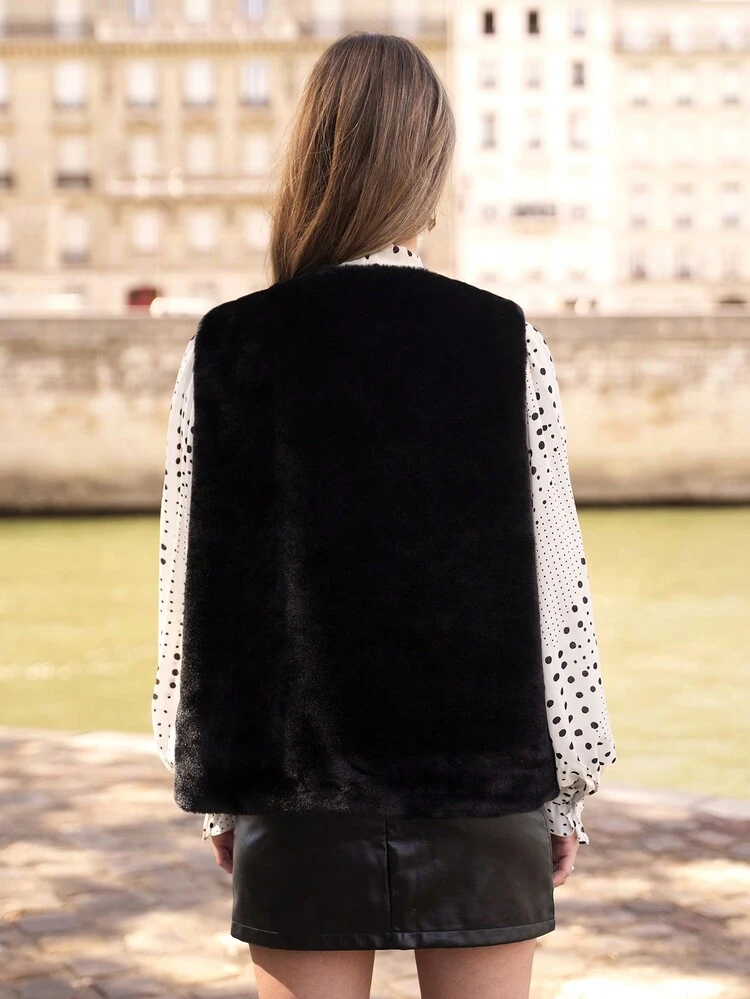 Button Front Fuzzy Vest Coat Winter Black Casual