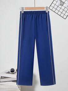Tween Boy Letter Patched Contrast Piping Drawstring Waist Wide Leg Pants - Navy Blue - View 2