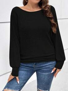 SHEIN Essnce Plus Off Shoulder Batwing Sleeve Tee - Black - View 4