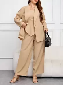 SHEIN Frenchy Plus Solid Tube Top & Wide Leg Pants & Shawl Collar Blazer - Apricot - View 1
