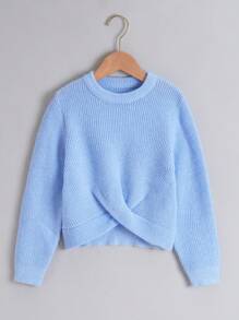 SHEIN Tween Girl Ribbed Knit Crossover Hem Sweater - Blue - View 1