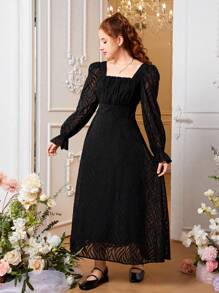 SHEIN Leap Crew Teen Girl Chiffon Solid Color Cutout Floral Ruffle Collar Puff Sleeve Elegant Dress - Black - View 4