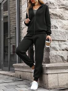 SHEIN LUNE Thermal Lined Zip Up Hoodie and Sweatpants and Tank Top - Black - View 5