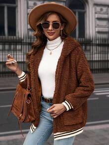 SHEIN LUNE 條紋飾邊雙口袋連帽絨毛外套 - 棕色 - 查看 5