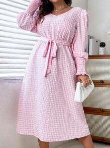 Celure 大碼格紋印花燈籠袖繫腰帶洋裝 - 粉色 - 查看 6