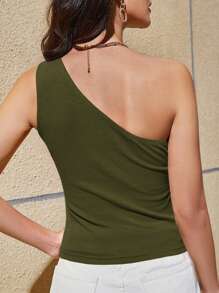 SHEIN Essnce One Shoulder Solid Slim Fit Top - Army Green - View 3