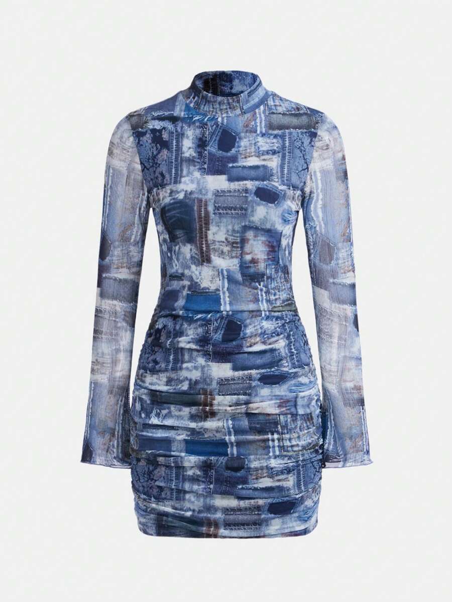 Chica adolescente Vestido con estampado de retazo de cuello alto fruncido de malla - Azul - Ver 1