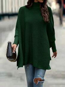 SHEIN LUNE Jersey de cuello alto con mangas tipo murciélago, jersey holgado de manga larga