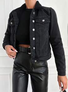 EURMUSE Flap Pocket Denim Jacket - Black - View 3