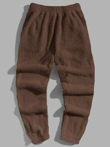 GENTILAND 男士字母刺繡絨毛長褲 - 咖啡棕 - 查看 2