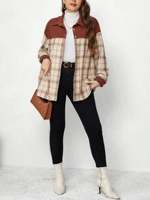 SHEIN LUNE Áo khoác trễ vai in họa tiết kẻ sọc Plus - Nhiều màu - Xem 6