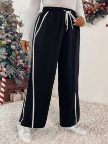 SHEIN LUNE 大碼織帶拼接腰部抽繩闊腿衛褲 - 黑色 - 查看 5