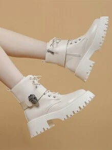ROMWE Kawaii Women Skull Metal Decor Lace-up Front Combat Boots, Cool Outdoor Fashion Boots - Beige - View 2