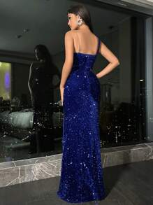 Allurite Chuỗi Vai không đối xứng Tách đùi Kim sa Ăn mặc trang trọng - Màu xanh lam - Xem 2