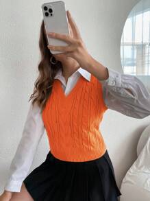 SHEIN Qutie 1入組麻花編織毛衣背心 - 橘色 - 查看 5