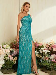 One Shoulder Split Thigh Lace Bridesmaid Dress - Teal Blue - View 4