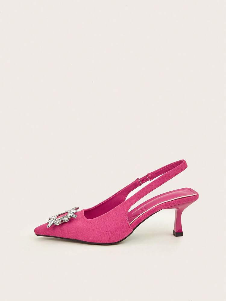 Zapatos de tacón alto para mujer con punta puntiaguda, decoración de hebilla cuadrada con diamantes de imitación, tacón delgado y correa trasera, zapatos de tacón versátiles y bombas rosado fuerte - Rosa Fucsia - Añade 4