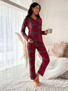 RueChic Plaid Print PJ Set - Red - View 5