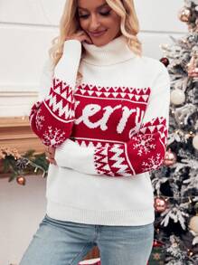 SHEIN LUNE Christmas Pattern Turtleneck Drop Shoulder Knit Pullover Fall Winter Sweater - Multicolor - View 3