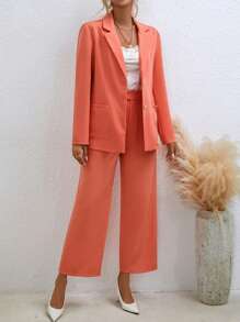 SHEIN Privé Lapel Neck Blazer & Wide Leg Pants - Orange - View 3