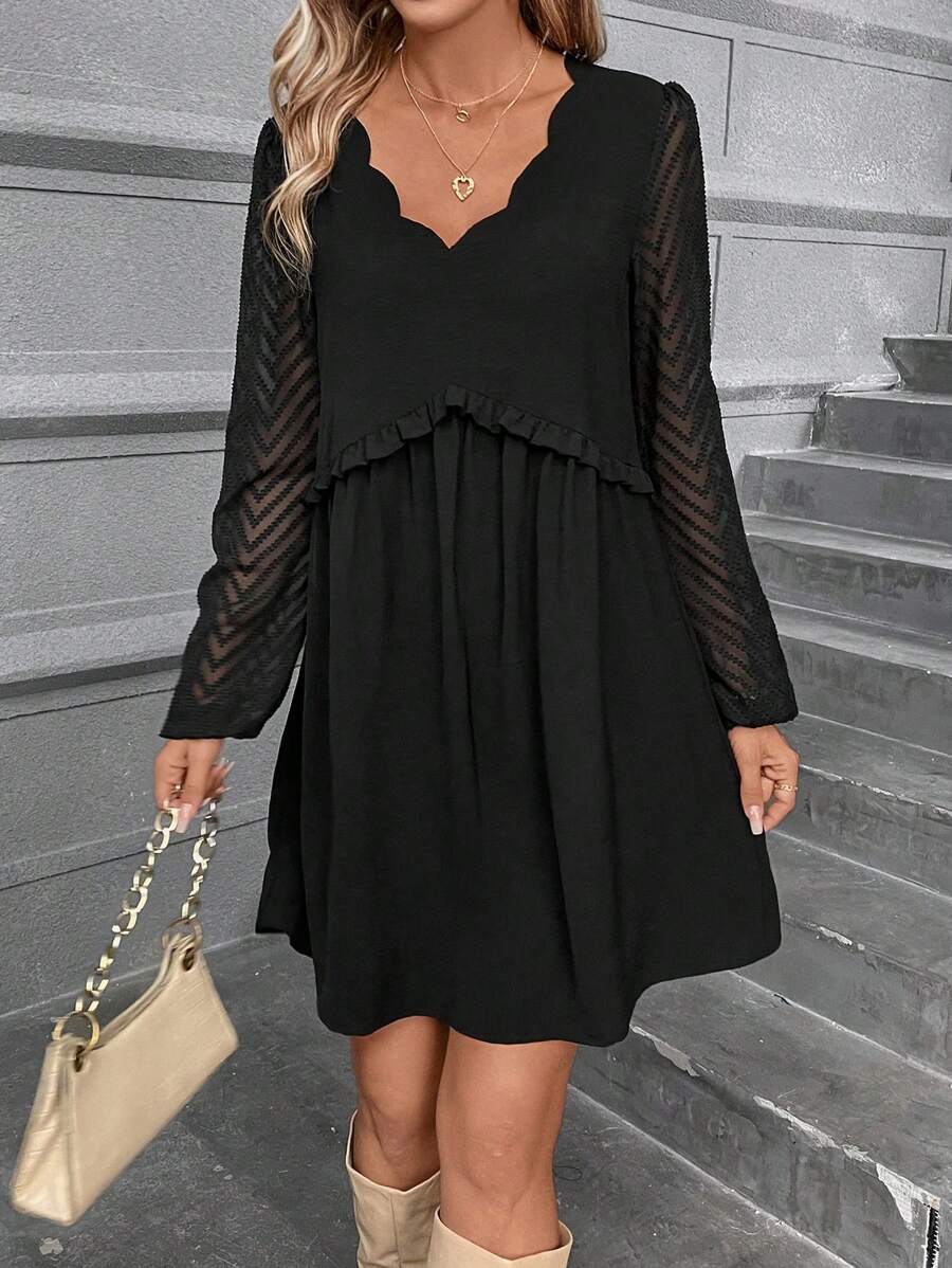 SHEIN Frenchy Váy suông dài tay màu trơn viền vỏ sò mỏng nhẹ nhàng cho nữ - màu đen - Xem 1