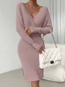 RosyDaze Surplice Neck Batwing Sleeve Split Thigh Sweater Dress Fall Winter Cloth For Women - Dusty Purple - View 7