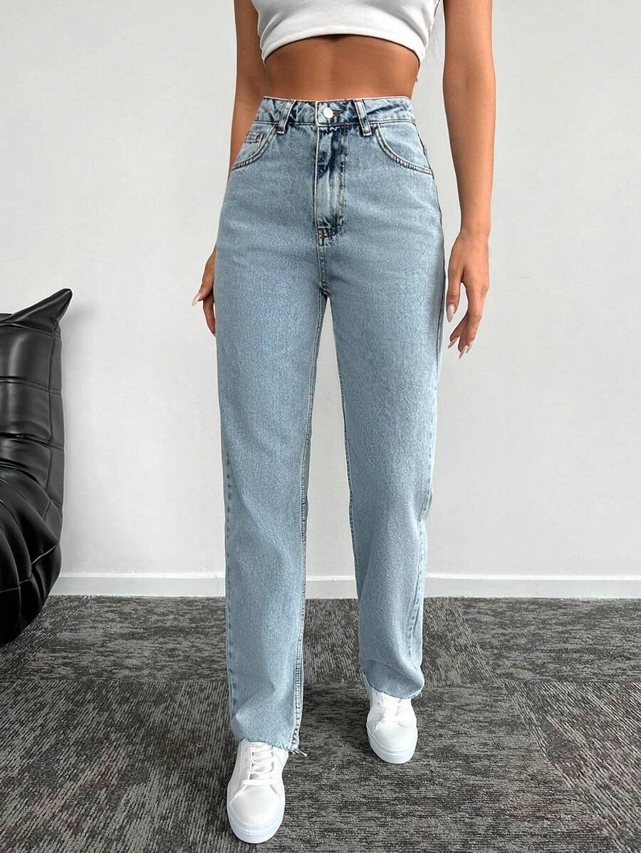 EURMUSE 100%纯棉高腰斜插口袋牛仔裤 - 藍色 - 查看 1