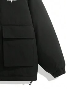 Men Letter Cross Graphic Flap Pocket Drawstring Hem Hooded Padded Coat - Black - View 3