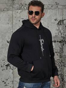 Manfinity Homme Men Plus Letter Graphic Kangaroo Pocket Drawstring Hoodie - Black - View 3