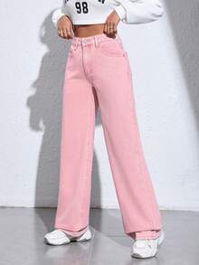 SHEIN ICON Chất rắn quần ống rộng Quần jean - Hồng - Xem 3