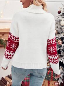 SHEIN LUNE Christmas Pattern Turtleneck Drop Shoulder Knit Pullover Fall Winter Sweater - Multicolor - View 2
