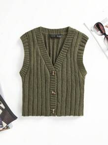 SHEIN EZwear 1入組式正面鈕扣毛衣背心 - 軍綠色 - 查看 1